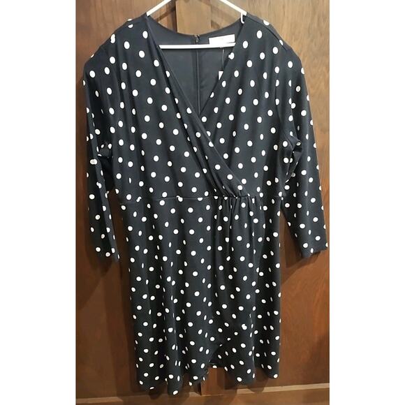 Loft Plus Black White Polka Dots Faux Wrap Womens 22 2X V Neck Dress Lined New - Picture 1 of 6